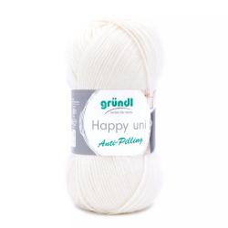 Häkelgarn in Cremefarbe. Verpackt in einem runden Knäuel. Auf dem Etikett steht 'gründl Happy uni Anti-Pilling'.