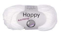 weiße Wolle, Marke 'Happy', Anti-Pilling, 100g, 250m, Pflegehinweise auf dem Etikett.
