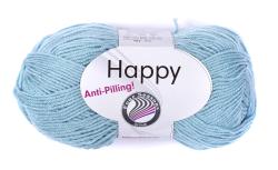 Häkelgarn in hellblauer Farbe. Auf dem Etikett steht 'Happy' und 'Anti-Pilling'.