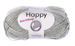 Grau meliertes Garn in einem Knäuel. Beschriftung: 'Happy', Anti-Pilling. 100 g, 250 m.