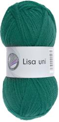 Grüner Wollknäuel mit der Bezeichnung 'Lisa uni'. Das Garn ist einfarbig und hat eine weiche Textur.