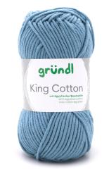 Garnknäuel in hellblauer Farbe. Beschriftung mit 'King Cotton' und Hinweis auf ägyptische Baumwolle.