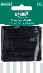 Schwarzes elastisches Band in einer Verpackung. Länge 5 Meter, Breite 5 mm.