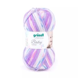 Wollknäuel in Pastellfarben. Hauptsächlich lila, rosa und weiß. Etikett mit der Aufschrift 'gründl Baby color'.