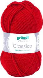 Rotes Garn in einem Knäuel. Beschriftung mit Marke und Materialangaben.