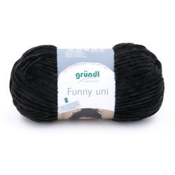 Schwarze Wolle in einem runden Knäuel. Verpackung mit dem Namen 'Funny uni' und Pflegehinweisen.