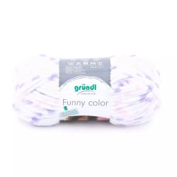 Wollknäuel in pastellfarbenem Design. Hauptsächlich weiß mit lila und rosa Akzenten. 100% Polyester, 100 g, 120 m.