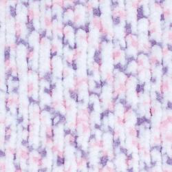 Wollknäuel in pastellfarbenem Design. Hauptsächlich weiß mit lila und rosa Akzenten. 100% Polyester, 100 g, 120 m.