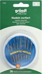 Packung mit 30 verschiedenen Nähnadeln. Auf der Vorderseite steht 'Assorted Needles' in goldener Schrift.