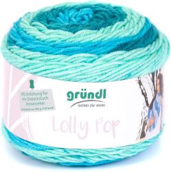Garnknäuel in verschiedenen Blau- und Türkistönen. Beschriftung mit dem Namen Lolly Pop und Anleitungen.