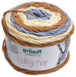 Garnknäuel in verschiedenen Farben: Braun, Blau und Creme. Verpackt mit dem Namen 'Lolly Pop' von der Marke gründl.
