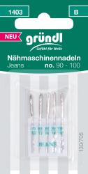 Packung mit Nähmaschinenadeln für Jeansstoffe. Größen 90 bis 100.