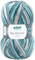 Garnknäuel in verschiedenen Blau- und Grüntönen mit Streifen. Verpackung mit dem Schriftzug 'Big Mamma print'.