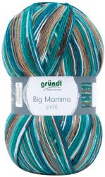 Garnknäuel in verschiedenen Farben, hauptsächlich Türkis, Braun und Weiß. Beschriftung zeigt den Namen 'Big Mamma print'.
