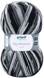 Garnknäuel in Schwarz, Grau und Weiß mit gestreiftem Muster. Beschriftung mit 'Big Mamma print' von gründl.