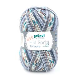 Garnknäuel in Grau- und Blautönen mit braunen Akzenten. Etikett mit der Aufschrift 'Hot Socks Torbole'. 6-fach Superwash.