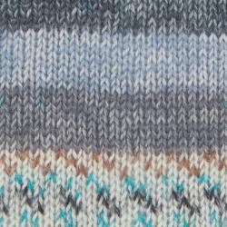 Strickmuster in verschiedenen Grautönen, Blau und Beige. Abwechselnde Streifen, leicht meliert.