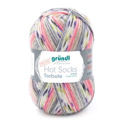 Wollknäuel in bunten Farben, hauptsächlich Grau, Rosa und Gelb. Beschriftung zeigt 'Hot Socks Torbole' und '6-fach Superwash'.
