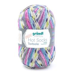 Wolle in bunten Farben, hauptsächlich Blau, Pink und Gelb. Verpackung mit dem Aufdruck 'Hot Socks Torbole'.