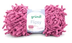 Rosa Wolle mit einer flauschigen Textur. Verpackung zeigt den Namen 'gründl Flipsy' und ein Beispielprojekt.