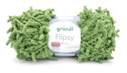 Grüner Chenille-Garn mit vielen kleinen, weichen Fäden. Verpackung zeigt den Namen 'Flipsy' und ein Beispielprojekt.