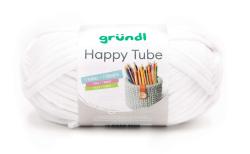 Weißes Garn in einem runden Knäuel. Auf dem Etikett steht 'Happy Tube' und zeigt eine graue Körbchen mit Buntstiften.