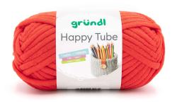 Oranges Garn in einem runden Knäuel. Auf dem Etikett steht 'Happy Tube' mit einer Abbildung eines Körbchens.