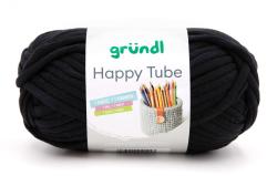Schwarzes Garn in einem runden Knäuel. Verpackung zeigt einen Korb mit Buntstiften.