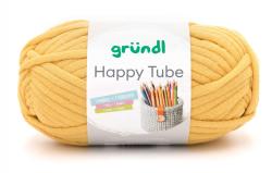 Gelbes Garn in einem runden Knäuel. Verpackung zeigt einen Korb mit Buntstiften.