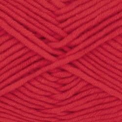Rotes Garn in einem Knäuel. Beschriftung mit dem Namen 'King Cotton' und Informationen über das Material.