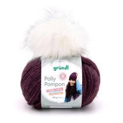 Wolle in dunkellila mit glitzernden Fäden. Oben ein großer, weißer Kunstfell-Pompom. Verpackung zeigt eine Frau mit Mütze.