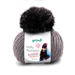 Garnknäuel in Grau mit einem großen schwarzen Pompon. Verpackung zeigt eine Anleitung für eine Mütze.