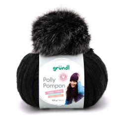Schwarzes Wollknäuel mit grauem Kunstfell-Pompom. 100 g, 140 m. Geeignet für Mützen.