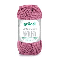Wolle in rosa Farbe, verpackt in einem runden Etikett. Marke: gründl. Produktname: Cotton Quick mini. Materialbeschreibung: mercerisiert, gasiert, gekämmt.