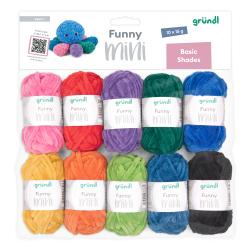 Set mit zehn kleinen Wollknäueln in verschiedenen Farben. Jede Rolle wiegt 15 Gramm.
