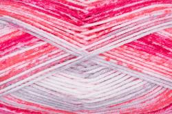 Wollknäuel in Pink- und Lilatönen. Anti-Pilling, geeignet für Pullover. Verpackung zeigt ein Mädchen in einem gestreiften Pullover.