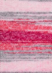Wollknäuel in Pink- und Lilatönen. Anti-Pilling, geeignet für Pullover. Verpackung zeigt ein Mädchen in einem gestreiften Pullover.