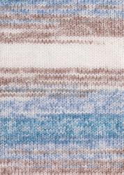 Wolle in sanften Blau- und Beigetönen. Verpackt in einem runden Knäuel. Hinweis auf Anti-Pilling. Für einen Pullover sind 7 Knäuel nötig.