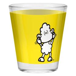 Glas mit gelbem Hintergrund und einem Sprechblasen-Motiv. Text: 'Du hast keine Macken. Das sind Special Effects!'