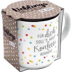 Weisse Tasse mit bunten Punkten. Aufdruck: 'Für dich soll's heut' Konfetti regnen!'