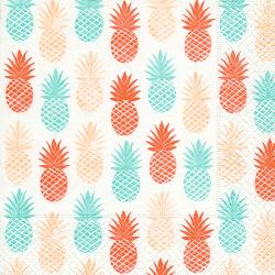 Papierserviette mit bunten Ananas-Motiven. Ananas in orange, blau und beige auf hellem Hintergrund.