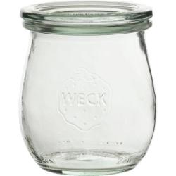 Sechs klare Glasbehälter mit Deckeln. Rundliche Form, geeignet für Konservierung.