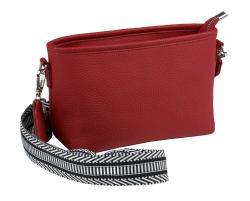 Rote Handtasche aus strukturiertem Material. Mit einem gestreiften Trageriemen.