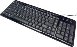 schwarze Computer-Tastatur mit flachen Tasten. Kabelgebunden, schlichtes Design.