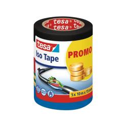 Schwarze Isolierbandrolle mit dem Schriftzug tesa. Verpackung zeigt Kabel und eine Promo-Anzeige.