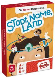 Spielverpackung für Stadt, Name, Land. Bunte Illustrationen und Hinweise auf Spieleranzahl und Alter.