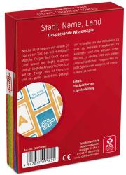 Spielverpackung für Stadt, Name, Land. Bunte Illustrationen und Hinweise auf Spieleranzahl und Alter.