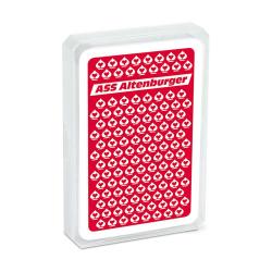 Spielkartenpackung mit rotem Design. Auf der Vorderseite steht 'ASS Altenburger'.