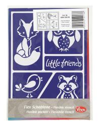 Dunkelblaue Karte mit weißen Tiermotiven. Enthält einen Fuchs, eine Eule, einen Vogel und einen Waschbären. Text 'little friends' in der Mitte.