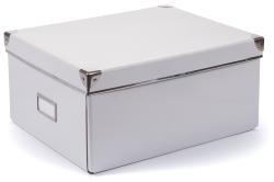 weiße Aufbewahrungsbox mit Metall-Ecken. Hat einen Griff und einen Deckel.